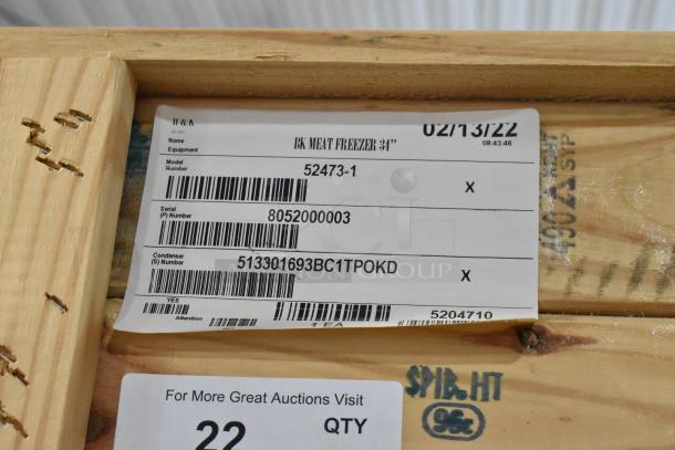 Brand new 2022 BKI 52473-1 stainless steel commercial meat freezer in crate. Practica STI-10101 model, on casters. 115V, 1 phase.