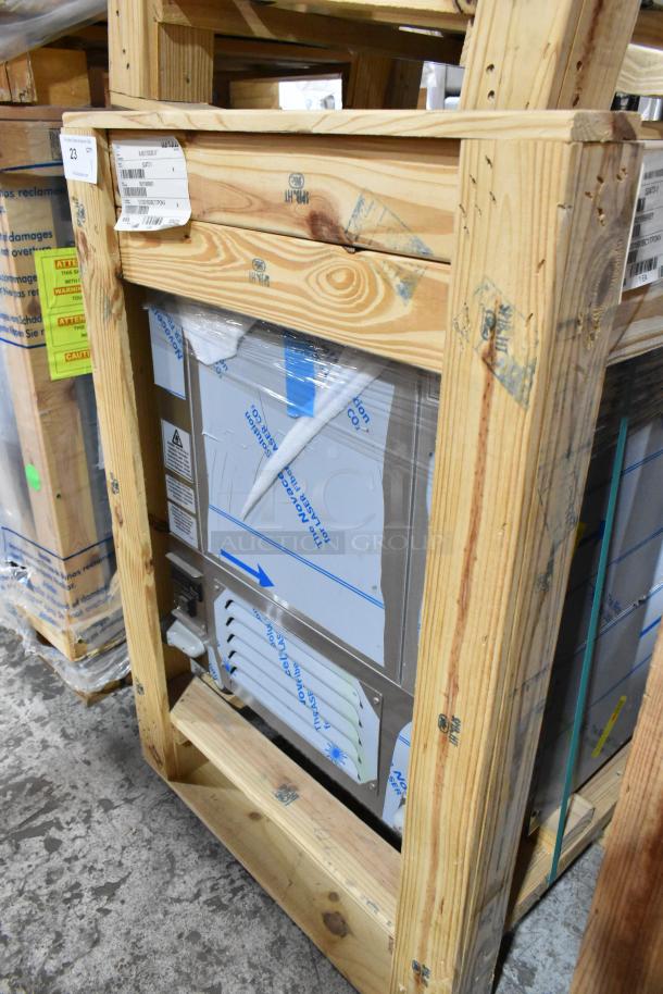 Brand new 2022 BKI 52473-1 stainless steel meat freezer, model STI-10101, on casters, in crate. 115V, 1 phase.