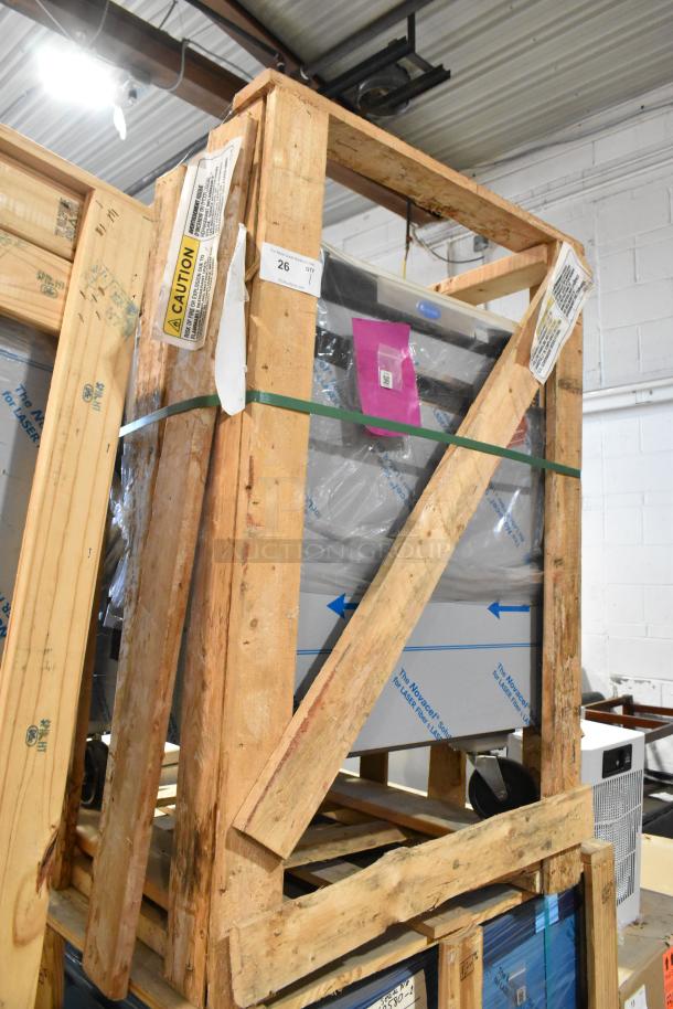 Brand new Randell 9404F-290JIBR stainless steel single door undercounter freezer in wooden crate. No casters. 115V, 1-phase.