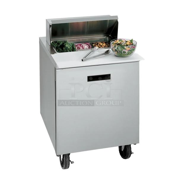 Brand new Randell 9401-290-R-JIB.1 stainless steel prep table, bain marie mega top, on casters, 115V, 1-phase.
