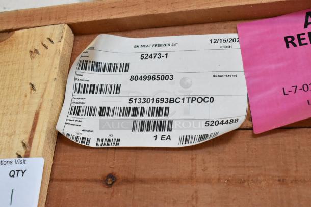 BRAND NEW 2022 BKI 52473-1 Stainless Steel Commercial Meat Freezer in crate. Model 52473-1, 115V, 1 Phase, on casters.