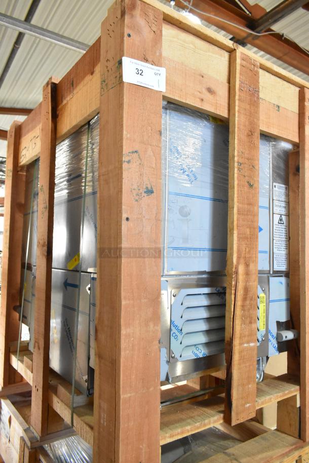 BRAND NEW 2022 BKI 52473-1 stainless steel commercial meat freezer in crate, 115V, 1 phase, on commercial casters.