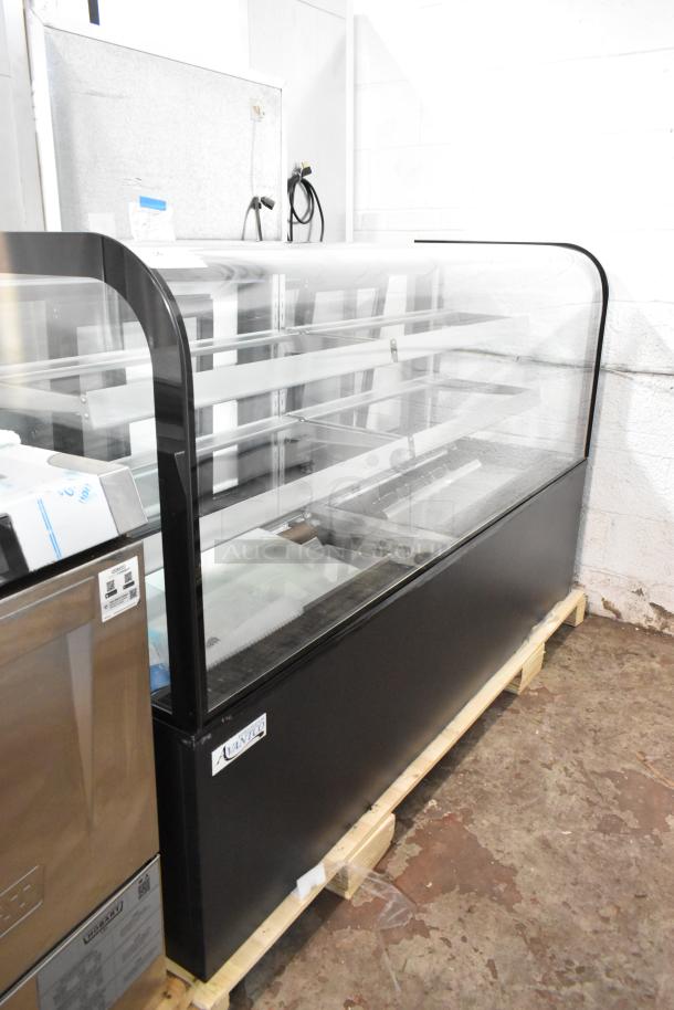 BRAND NEW Avantco 193BC72HCB curved glass black refrigerated bakery display case, 115V, 1 phase. Note glass damage.