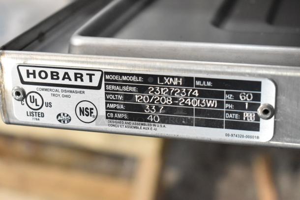 BRAND NEW 2025 Hobart LXNH dishwasher tag showing model, serial number, voltage, and certifications.