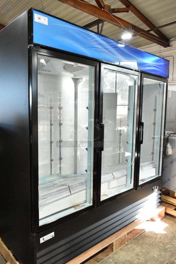Brand new Avantco 178GDC69HCB commercial glass door refrigerator, 78 1/4", black, customizable, LED lighting, 115V, 1 phase.