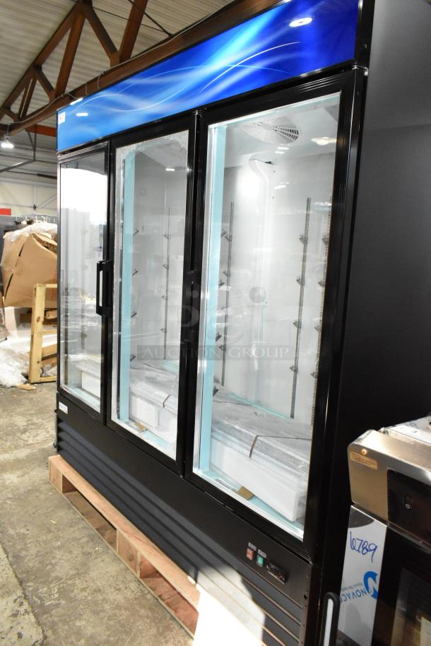 BRAND NEW Avantco 178GDC69HCB glass door merchandiser fridge, 78 1/4", black, LED lighting, scratch and dent.