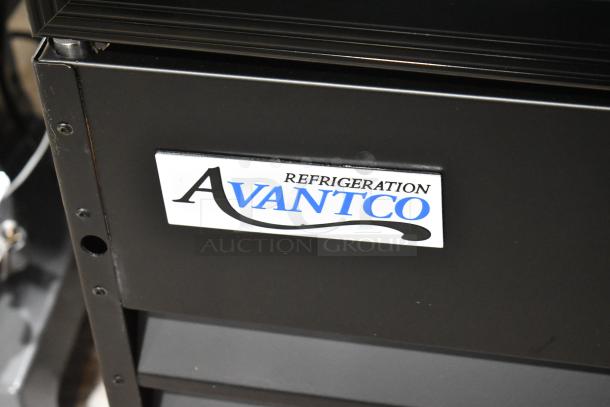 Brand new Avantco 178GDC69HCB commercial refrigerator, black metal, swing glass door, LED lighting, 78 1/4". Scratch and dent.