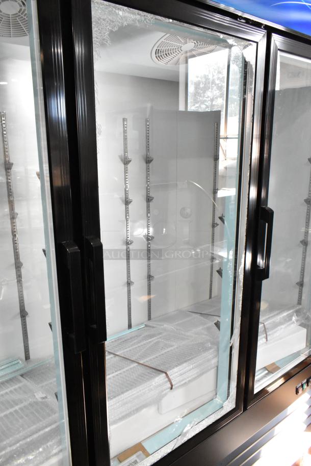 Brand new Avantco 178GDC69HCB black metal commercial merchandiser refrigerator, 78 1/4" with swing glass door, LED lighting.