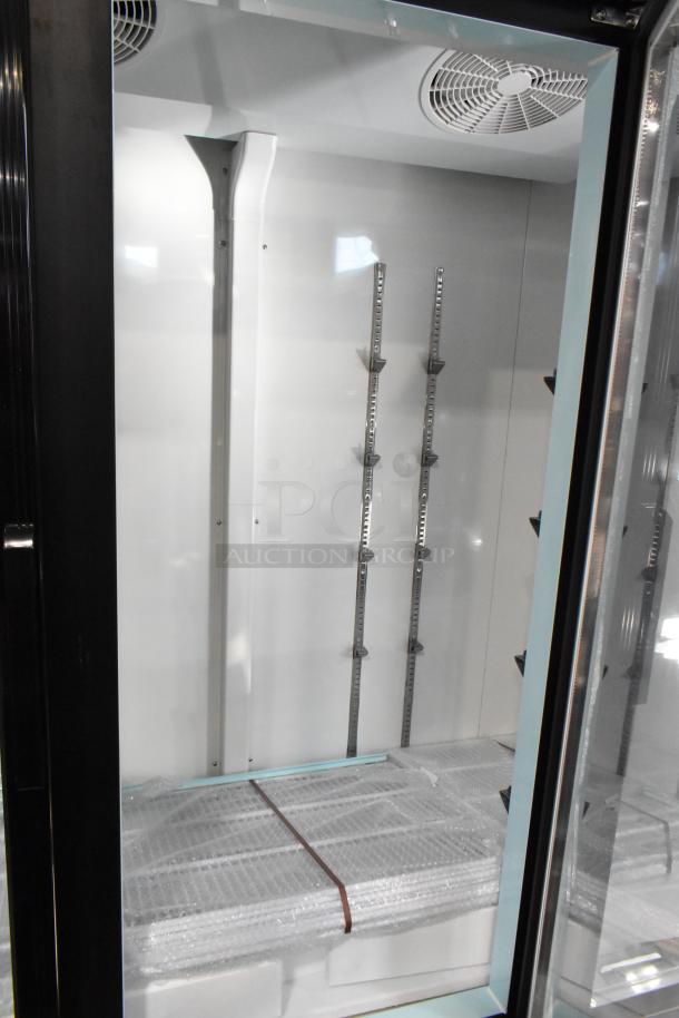 Avantco 178GDC69HCB merchandiser refrigerator, new, customizable, black swing glass door, LED lighting, 78 1/4" tall.