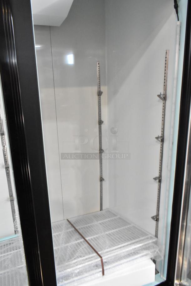 Brand new Avantco 178GDC69HCB 78" black merchandiser refrigerator, customizable swing glass door, LED lighting, scratch and dent.