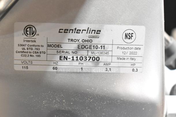 2022 Hobart EDGE10-11 meat slicer label, serial ML-136345, Intertek and NSF certified, 115V, 60Hz, 1PH, made in Italy.