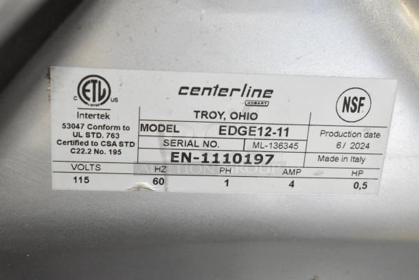 Label on 2024 Hobart Centerline EDGE12-11 Manual Meat Slicer, showing model, serial number, voltage, and certifications.