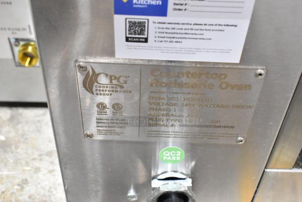 Brand new Cooking Performance Group CROE415D electric countertop rotisserie oven label, model details, 240V, QC2 pass.