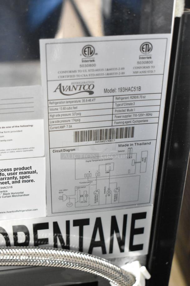 Brand new Avantco 193HAC51B black horizontal air curtain merchandiser with LED lighting and one shelf. 115V, 1 phase.