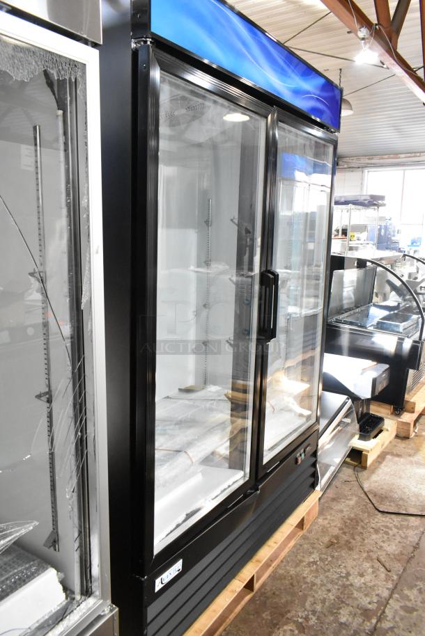 Brand new Avantco 178GDC49HCB 53" black swing glass door merchandiser refrigerator with LED lighting, 115V, model visible.