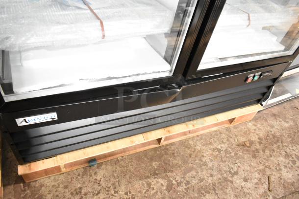 BRAND NEW Avantco 178GDC49HCB 53" black merchandiser refrigerator with swing glass doors, LED lighting. Scratch and dent condition.