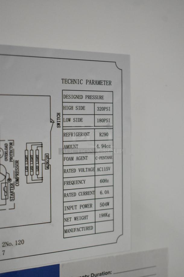 "Technic parameter label for Avantco 178GDC49HCB refrigerator; details voltage, pressure, refrigerant, and weight."