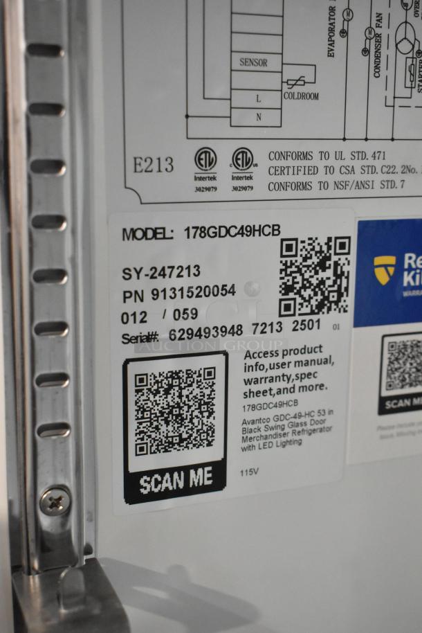 Close-up of label on Avantco 178GDC49HCB merchandiser refrigerator. Includes model, serial number, and QR code for details.