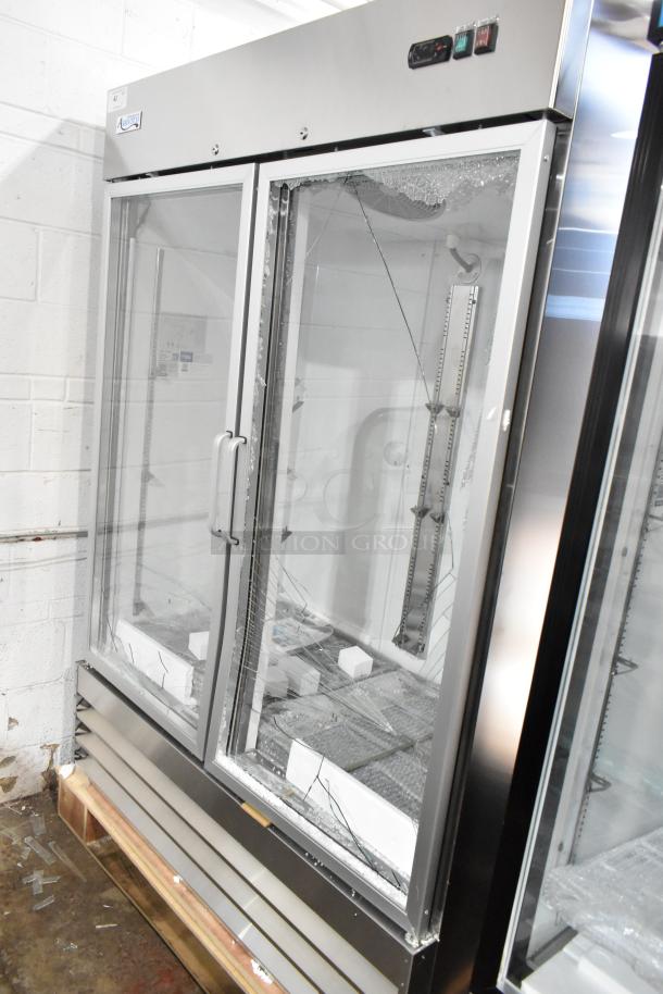 Avantco 178A49RGHC 54" glass door refrigerator, brand new, scratch and dent condition with visible glass damage, 115V, 1 phase.
