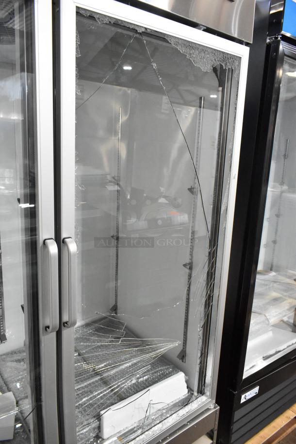 Brand new Avantco 178A49RGHC 54" glass door reach-in refrigerator with visible glass damage. 115 Volts, 1 Phase.