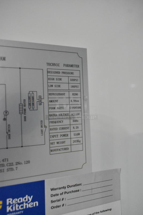 Brand new Avantco 178A49RGHC 54" glass door reach-in refrigerator; visible glass damage. Specs include 115V, 1 phase.