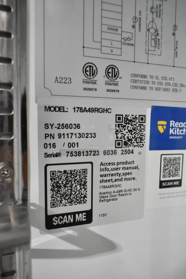 Avantco 178A49RGHC 54" Glass Door Reach-In Refrigerator, 115V, dented glass, warranty labels visible.