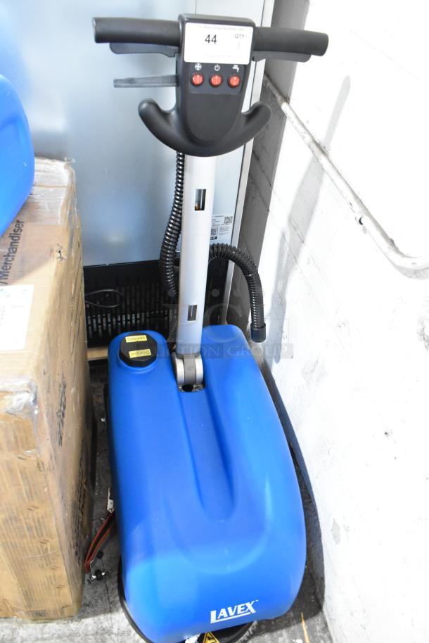 Lavex 274AFS3BAT 13" AGM cordless floor scrubber, blue; 3-gallon, new condition, visible controls and logo.