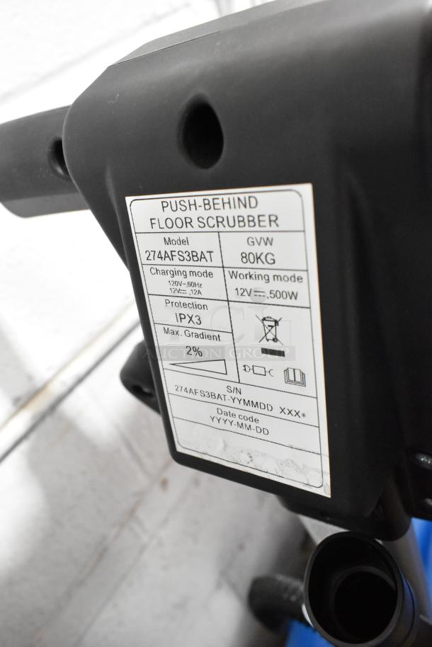 Lavex 274AFS3BAT floor scrubber label close-up, showing specifications: 80KG GVW, 12V working mode, IPX3 protection.