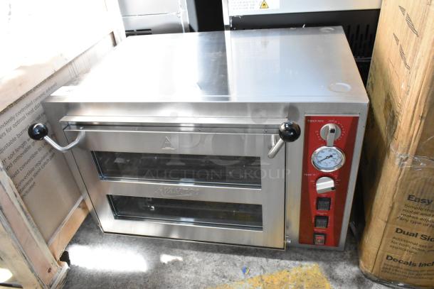 Brand new Avantco 177DPO18DS stainless steel double deck countertop pizza/bakery oven. Scratch and dent condition. 240 volts, 1 phase.