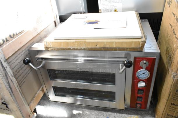 Brand new Avantco 177DPO18DS stainless steel double deck countertop oven, 240V, 1 phase, with visible controls, in packaging.