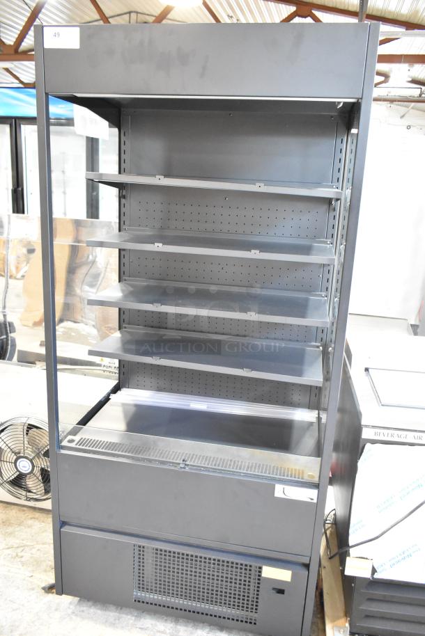 BRAND NEW Avantco 193VOA36B black open air merchandiser, 35 3/8", LED lighting, commercial casters, 115V, 1 phase.