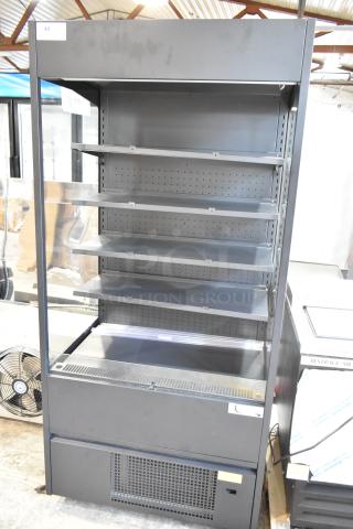 BRAND NEW Avantco 193VOA36B black open air merchandiser, 35 3/8", LED lighting, commercial casters, 115V, 1 phase.