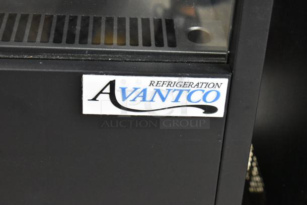 Avantco 193VOA36B black vertical open air merchandiser, 35 3/8" wide, LED lighting, on commercial casters, minor dents.
