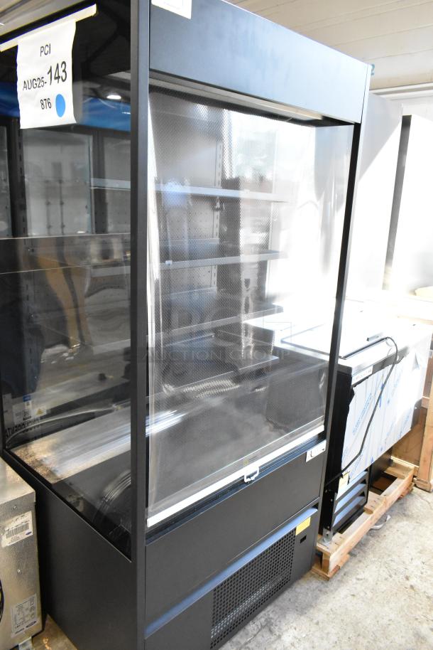 Brand new Avantco 193VOA36B black open air merchandiser with LED lighting, commercial casters. Scratch and dent condition.