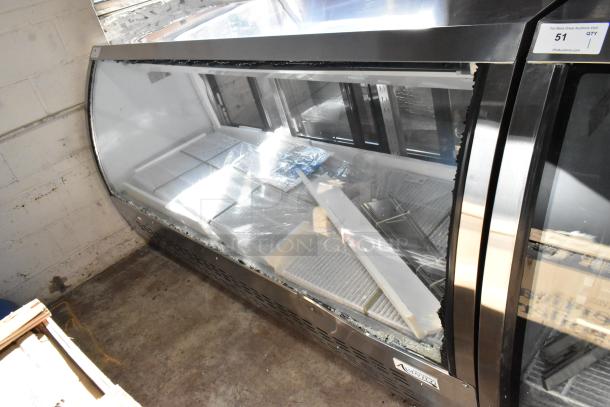 Brand new Avantco 178DLC82HCS 82" refrigerated deli case with stainless steel finish and curved glass. Visible glass damage.