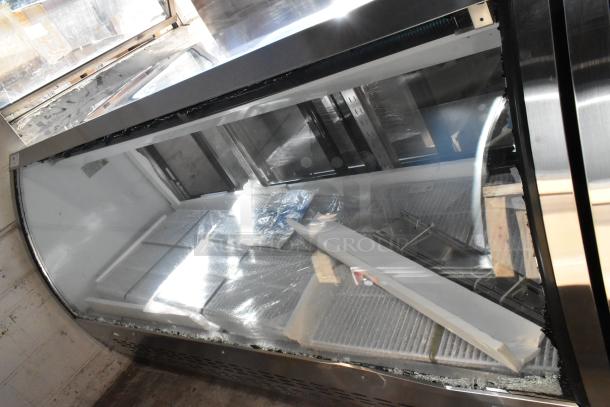 Brand new 2025 Avantco 178DLC82HCS 82" stainless steel deli case. Glass damage visible. 115V, 1 phase. Curved display.
