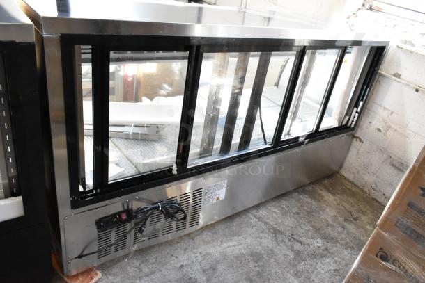 Brand new Avantco 178DLC82HCS 82" stainless steel refrigerated deli case, curved glass with visible damage, 115V, 1 phase.