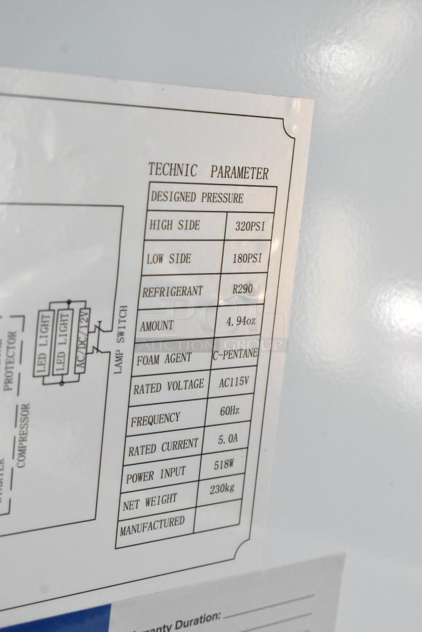 Sticker with technical specifications for Avantco 178DLC82HCS refrigerated deli case, showing pressure, refrigerant, and voltage details.
