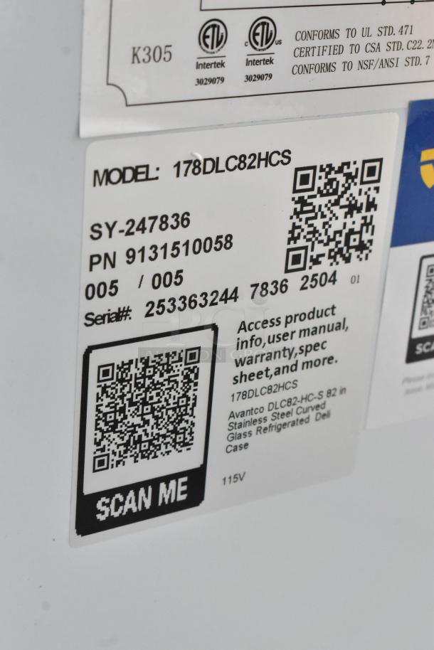 QR code and label on Avantco 178DLC82HCS deli case, showing model info, serial number, 115V, and certification marks.
