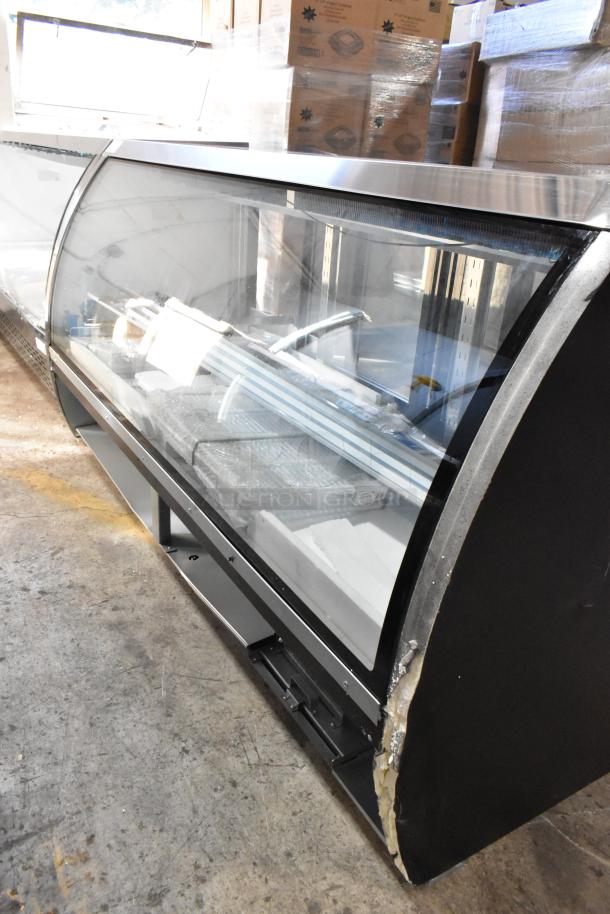 BRAND NEW SCRATCH AND DENT 2025 Avantco 178DLC82HCS 82" Black Curved Glass Refrigerated Deli Case, 115V, 1 Phase, minor wear.