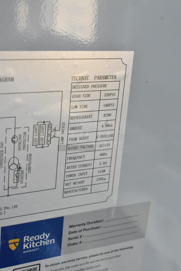 "Refrigerant: R290" technical label on a 2025 Avantco 178DLC82HCS refrigerated deli case, revealing specs and warranty.