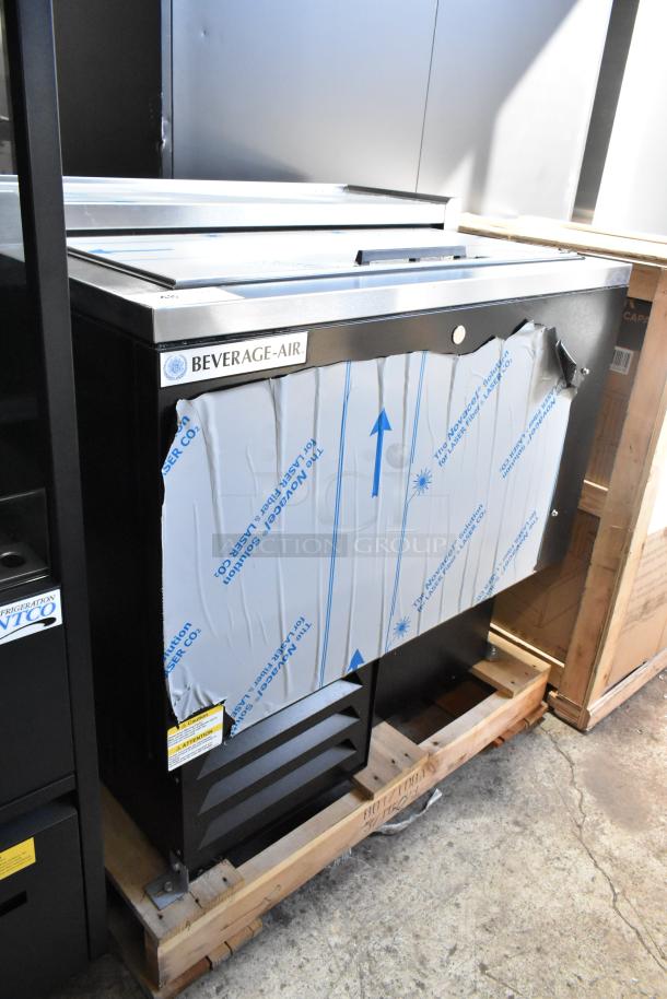 BRAND NEW Beverage Air SF34HC-B 34" black bottle cooler, sliding lid, minor scratches, 115V, 1 phase.