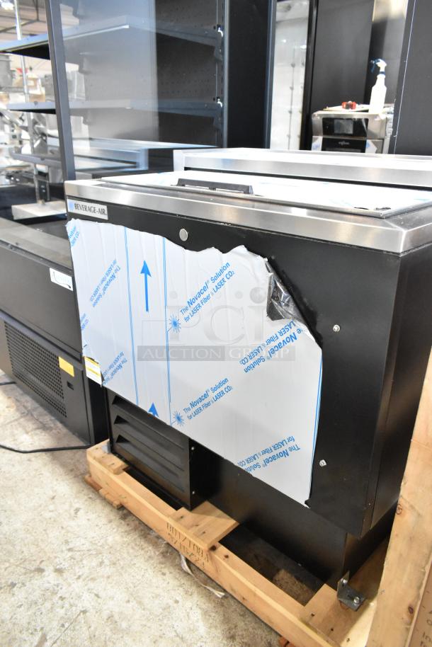 BRAND NEW Beverage Air SF34HC-B cooler, 34" black shallow well, sliding lid, dented. 115V, 1 phase. Brand label visible.