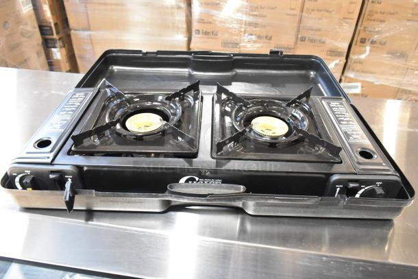 AvaTek 334PCS40 2-burner butane stove, new, with brass burners, 16,000 BTU, in black case. Scratch and dent condition.