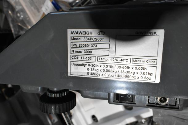 BRAND NEW AvaWeigh 334PCS60T 60 lb. Digital Price Computing Scale with Tower. Minor scratches and dents. Capacity details: 0-60 lb. Made in China.