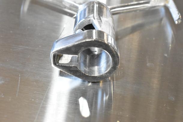 Brand new scratch and dent metal dough hook attachment, showing the shiny, durable surface and connector details.