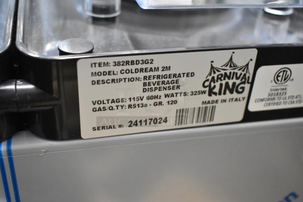 BRAND NEW Carnival King COLDREAM 2M Double 3-Gallon Beverage Dispenser, 120V, 1 Phase. Label shows model, voltage, and serial.