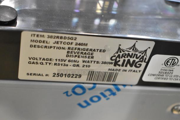 Carnival King JETCOF 240M Refrigerated Beverage Dispenser label, model 382RBD5G2, 115V, 60Hz, 380W, serial 25010229.