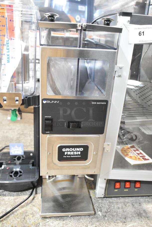 New Bunn G9-2T HD coffee grinder, double hopper, portion control, scratch and dent condition, model 24250.0021, 120V.