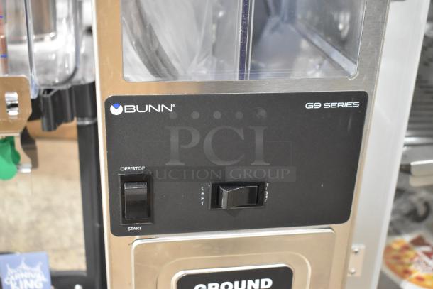 Bunn G9-2T HD coffee grinder, brand new, scratch and dent, dual hopper, portion control, 120V, 1 Phase, front panel view.